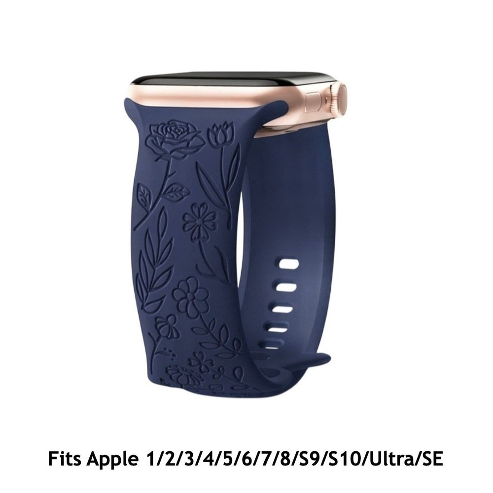 Apple iWatch Compatible Etched Navy Floral Silicone Watch Band 42/44/45/49mm